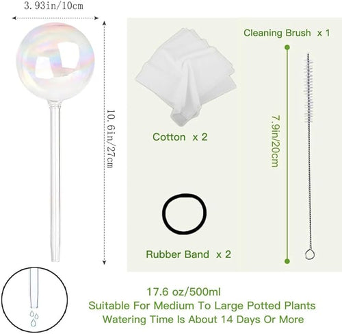 17 Oz 2 Weeks Glass Plant Watering Globes Large for Indoor Outdoor Potted Plants Self Watering Planter Insert Bulbs Water Plants While Away Vacation Devices (Iridescent Large 2-Pack)