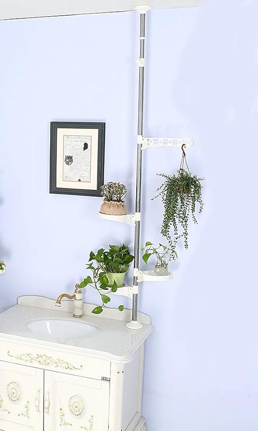 BAOYOUNI Indoor Plant Pole Stand Tension Rod Hanger Window Sill Flower Display Rack Holder Adjustable Corner Vertical Storage Organizer with 3 Trays & 1 Arm for Counter Top, Ivory