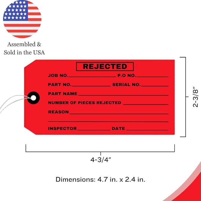 100 Rejected Tags Individually Pre-Wired - Red Inspection Cardstock Quality Control Tag with Reinforced Eyelet - 4-3/4" x 2-3/8" Pre- Attached Wire for Convenient Examinations