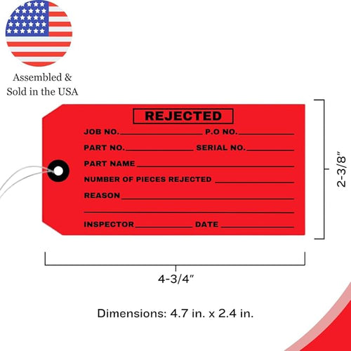 100 Rejected Tags Individually Pre-Wired - Red Inspection Cardstock Quality Control Tag with Reinforced Eyelet - 4-3/4" x 2-3/8" Pre- Attached Wire for Convenient Examinations