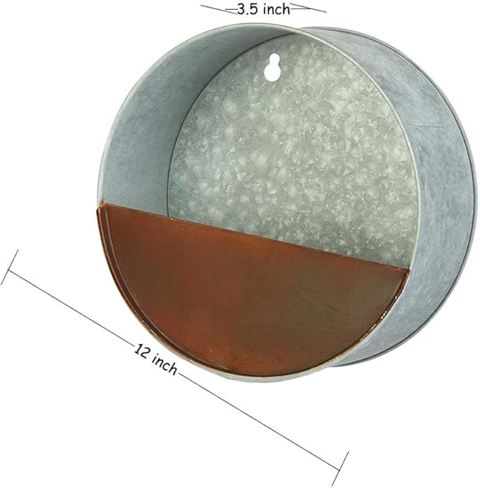Topadorn Hanging Planter Flower Pot Galvanized Metal Container Wall Pocket Garden Bucket Metal Pot for Indoor or Outdoor Balcony Patio, Round 12" H