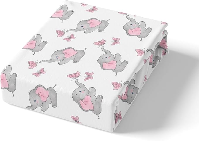 Feelyou Cute Elephant Sheets Set, Cartoon Little Butterflies Bed Sheet Set Queen Size, Animal Print Decor Bedding for Girls Women Grey Pink with Deep Pocket Fitted Multi 1016