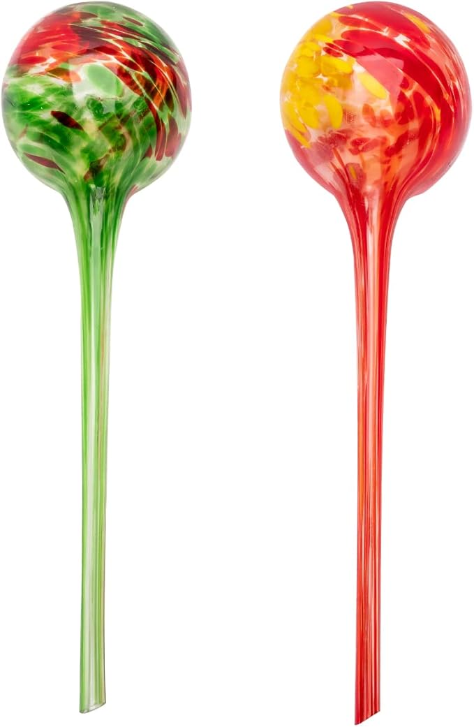 Lexi Home Aqua Globes for Indoor & Outdoor Plants, Self Watering Planters, Hand Blown Glass Watering Can, 2 Pack - Green, Red