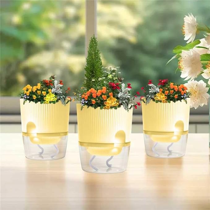 3 Pack Self Watering Planter Pots for Indoor Plants - 5.5 Inch African Violet Pots with Wick Rope - Yellow