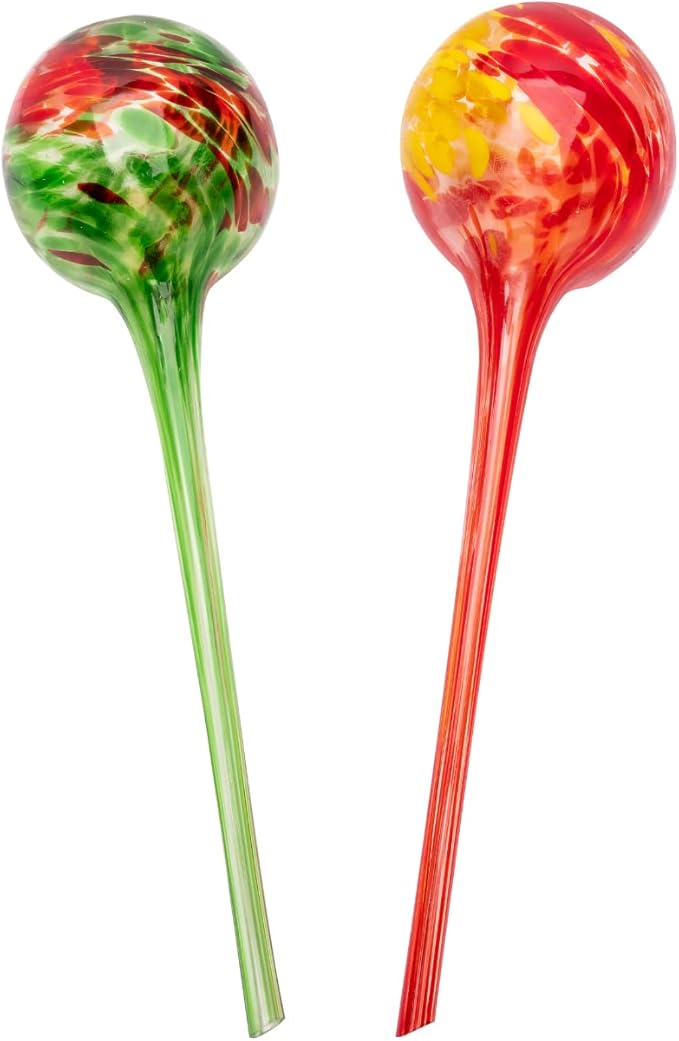 Lexi Home Aqua Globes for Indoor & Outdoor Plants, Self Watering Planters, Hand Blown Glass Watering Can, 2 Pack - Green, Red