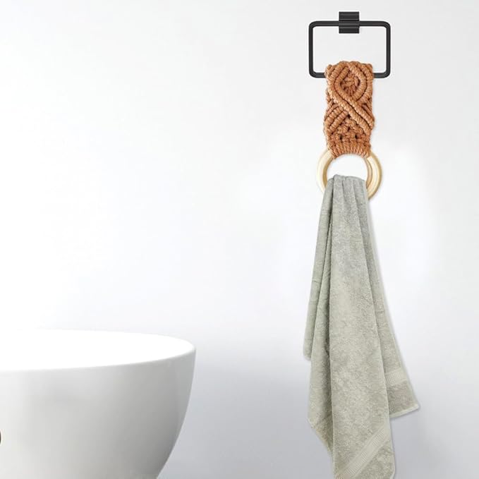 4 Pcs Boho Macrame Towel Holder Ring, Crochet Hanging Kitchen Dish Towel Holder, Handmade Kitchen Towel Hanger with Wood Hanging Loop for House Oven Stove Door