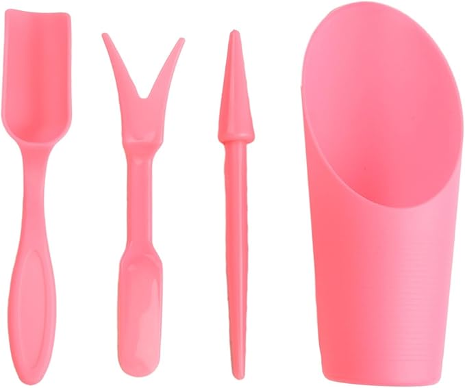 Garden Tool Set with Transplanter Scoop Bucket Shovel and Hole Punch for Succulent and Greenhouse Planting Four Piece Plastic Kit for Transplanting and Potting Tasks(Pink)