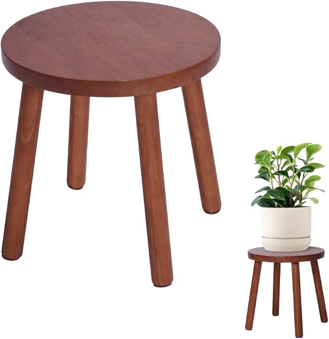 Wooden Stool Small Round, Solid Rubberwood Plant Stand Indoor, 11.8" Mini Wood Side Table for Living Room Bedroom Bathroom, Rustic Farmhouse Decorative Stool (Walnut Color)