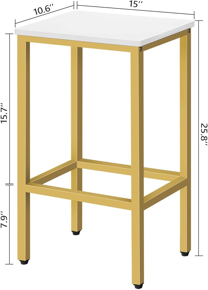 MAHANCRIS Bar Stools, Set of 2 Bar Chairs, Kitchen Breakfast Bar Stools with Footrest, 25.8-Inch Height, Rectangular Industrial Stools, for Dining Room, Easy Assembly, White and Gold BAJW0101