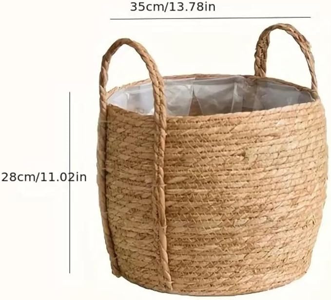 14 inch Large Seagrass Woven Planter Basket with Handles - Wicker Planter Basket with Plastic Film Insert for Indoor Plants, Large Monstera Pot, Woven Storage Basket, Boho Home Decor
