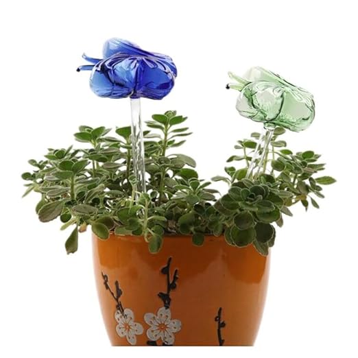 Glass Butterfly Plant Watering Stakes, 2-Pack, Pink and Amber, Decorative Self-Watering Globes for Indoor Plants