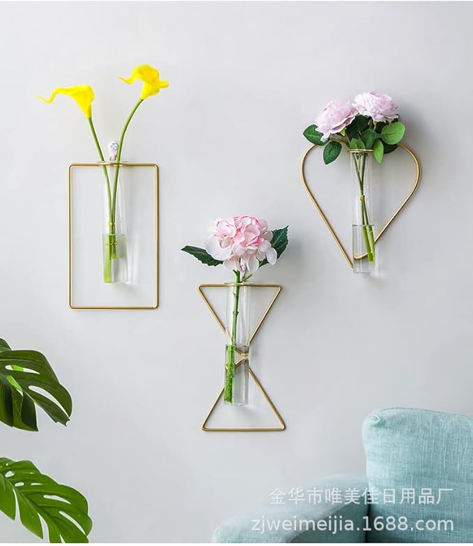 2 Pack Gold Metal Vase,Wall Flower Vase,Geometric Vase,Clear Glass Vase Hydroponic Hanging Plants,Decorative Vase for Fridge,Window,Home,Party (Gold 2)
