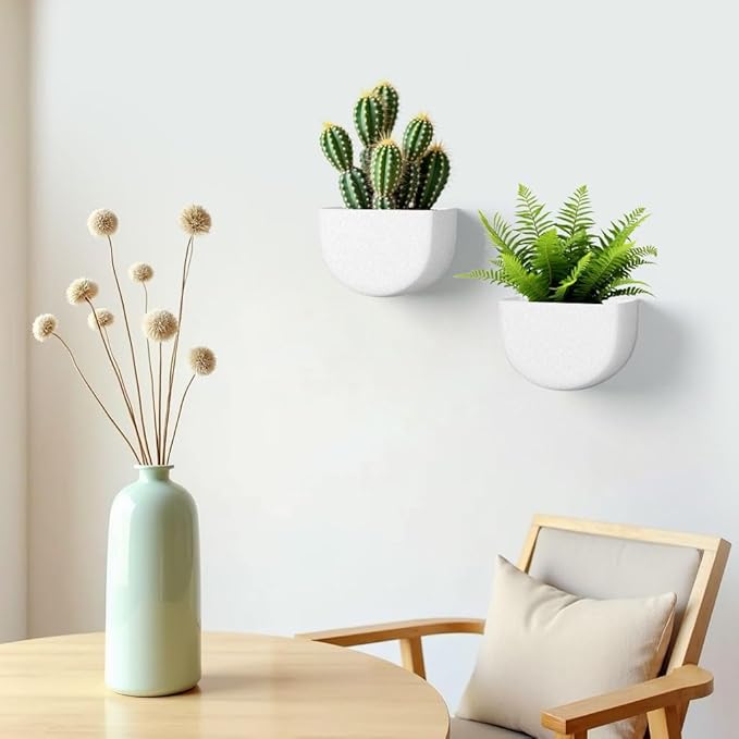 Asnext 2 Pack Wall Hanging Planter Pots for Indoor and Outdoor Plants, 7 Inch Half-Moon-Shaped Plastic Wall Planter, Wall Mounted Succulent Planters (White)