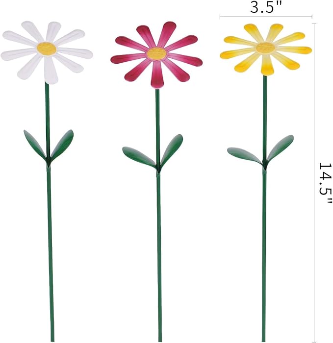 Topadorn Flower Garden Stake Decor, Outdoor Plant Pick Water Proof Metal Sunflower Daisy Stick for Lawn Yard Patio, Pathway Ornament, Set of 3