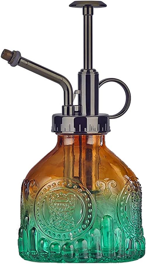 Glass Plant Mister Spray Bottle Indoor Watering Can 6.4inch Tall with Bronze Plastic Top Pump Vintage Small Plant for Outdoor Garden Succulent Flower