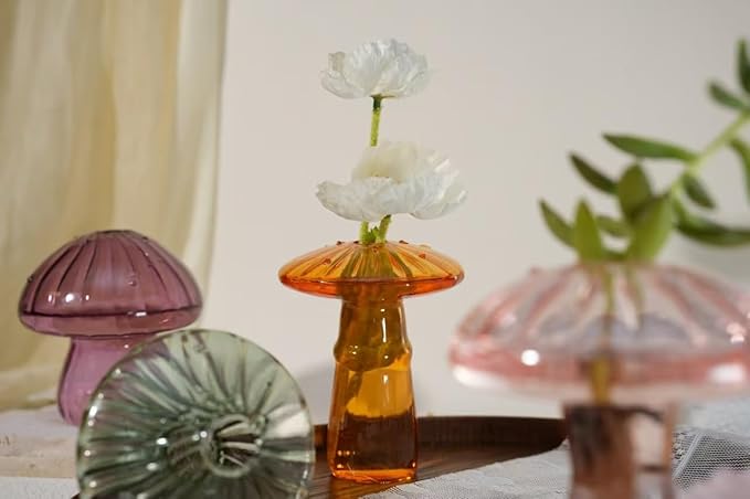 6 Pcs Colored Mushroom Glass Propagation Vases for Plants, Hydroponic Bud Vase Plant Propagation Stations Decor, Glass Terrariums for Indoor Plants, Cute Mushroom Vase Gifts for Women & Planter Lovers