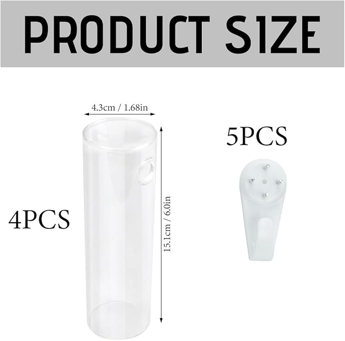 4 Pack Wall Hanging Glass Plant Holders with Hooks, Hanging Glass Vase Transparent Wall Mounted Propagation Station for Home Decor Dining Table, Cylinder Set