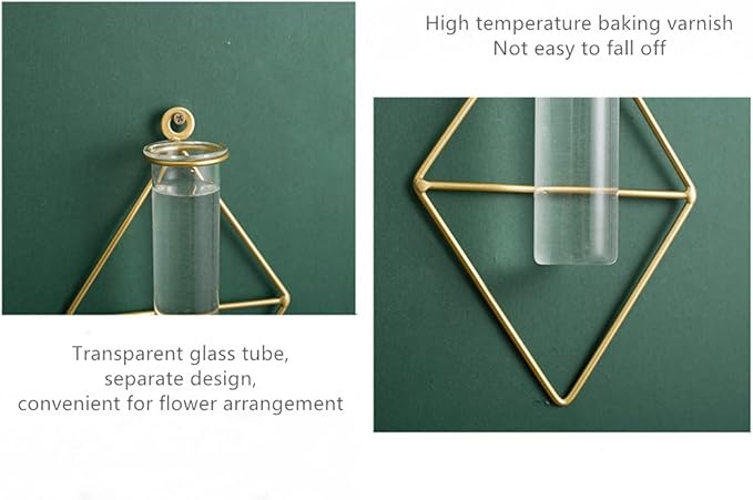 2 Pack Gold Wall Flower Vases,Gold Geometric Metal Frame Clear Glass Tube Bud Vase Hydroponic Plants(Gold 9)