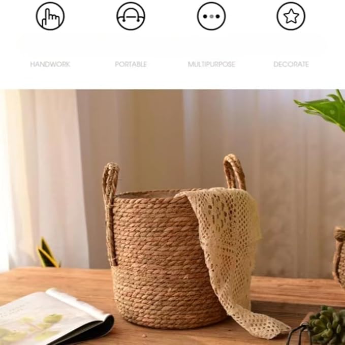 Handmade Rattan Woven Flowerpot Straw Woven Storage Basket Plant Holder Flower Pot Planter Balcony Home Decoration(13.78''X11.81''X13.78'')