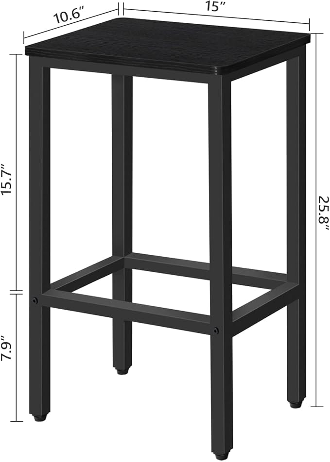 MAHANCRIS Bar Stools, Set of 2 Bar Chairs with Footrest, 2-Piece Dining Stools, 25.8-Inch Height, Rectangular Industrial Bar Stools, Strong Metal Frame, for Dining Room, Kitchen, Black BAHB0101