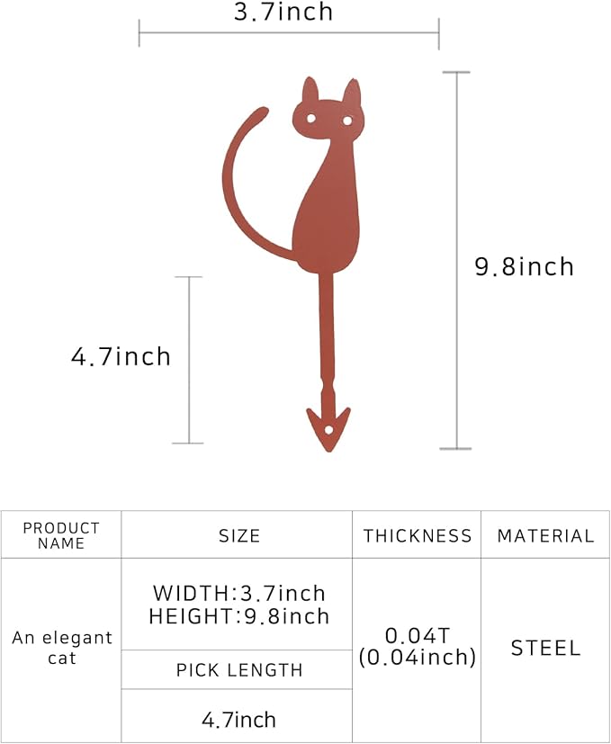 Elegant Cat Metal Garden Stake – Powder-Coated Steel Plant Pick for Pots & Planters, Rustic Indoor/Outdoor Decorative Accent