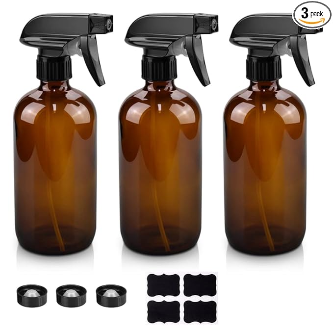 Worldgsb Glass Spray Bottles, 16oz Amber Glass Spray Bottles with Labels & Adjustable Nozzle, Reusable Containers for Cleaning, BBQ, Food, Plants, Alcohol, Essential Oils(3 Pack)