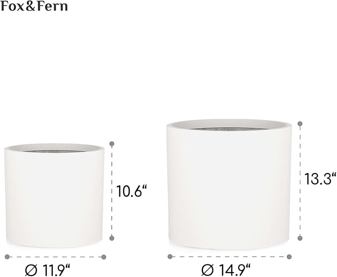 Fox & Fern 12" & 14.6" Large Planters (Set of 2) - Lightweight Fiberstone Matte White Plant Pots with Drainage Plug - Extra Large Planters for Indoor & Outdoor - Weather Resistant & UV Resistant