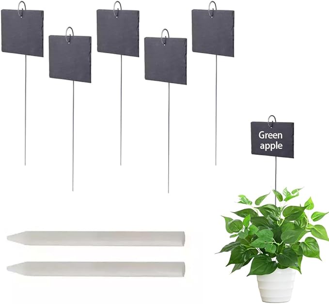 Slate Plant Labels Garden Markers Signs Labels with Stainless Steel Stake & Marker Pen Waterproof Slate Plant Labels for Flowers, Herbs, Potted Plants, Seed (Rectangular, 5PCS)