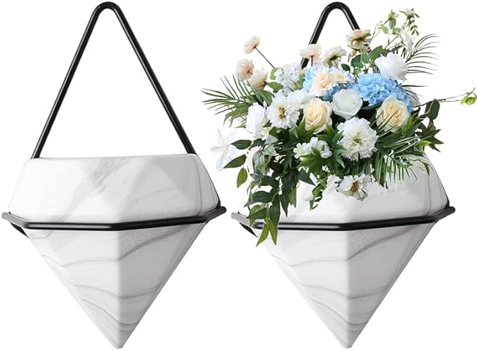 Diamond Wall Planters,Geometric Wall Flower Vases Set,Wall Mounted Plant Holder Vase,Ceramic Air Plants Hanging Holder Pots,Cactus Faux Plant Containers Modern Indoor Decor for Home Office (Black B)