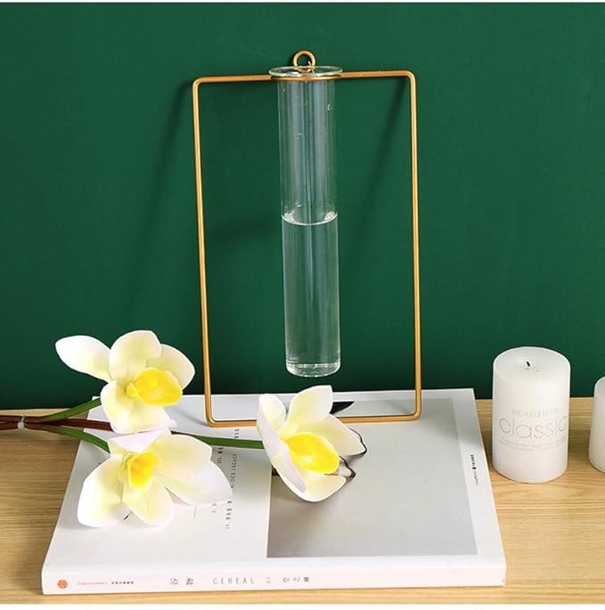 2 Pack Nordic Wall Vase Hanging Geometric Gold Flower Vase Wall Mount Metal Frame Vases Hydroponic Glass Bud Vase Decor for Home Wedding Farmhouse