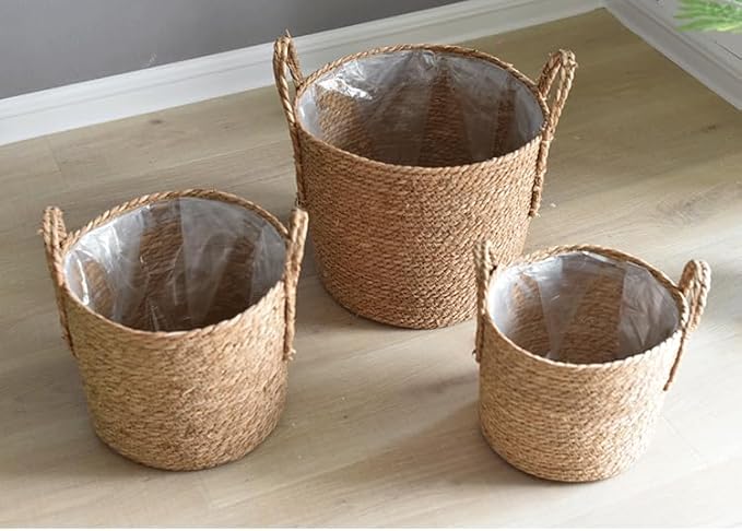 Kerio Seagrass Planter Basket Straw Plant Basket Woven Flower Plant Pot Plant Containers with Plastic Liner for Indoor Plants Laundry Room 13.8Inch