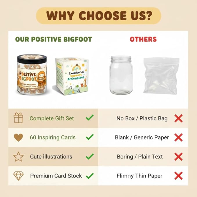 Positive Bigfoot Jar with 60 Daily Affirmation Cards, Bigfoot Gifts, Sasquatch Gifts for Men Women, Emotional Support Bigfoot Jar, Funny Gift for Dad or Husband