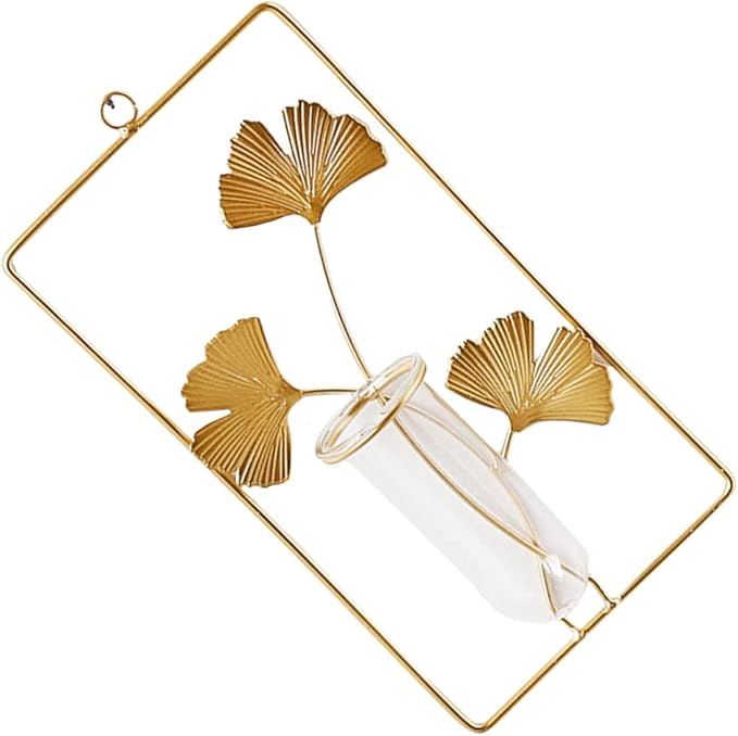 Veemoon Wall Hanging Glass Terrariums Planter Wall Mounted Plant Propagation Station Test Tube Mini Vase Pot for Hydroponic Plants Gingko Leaf Sculpture Home Decor Gold L