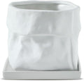 Nihow Ceramic Plant Pot: 8 Inch Planter with Drainage Hole & Square Saucer for Herbs/Plants, Bag Shape Design Flower Pot for Indoor & Outdoor Garden Decor - White