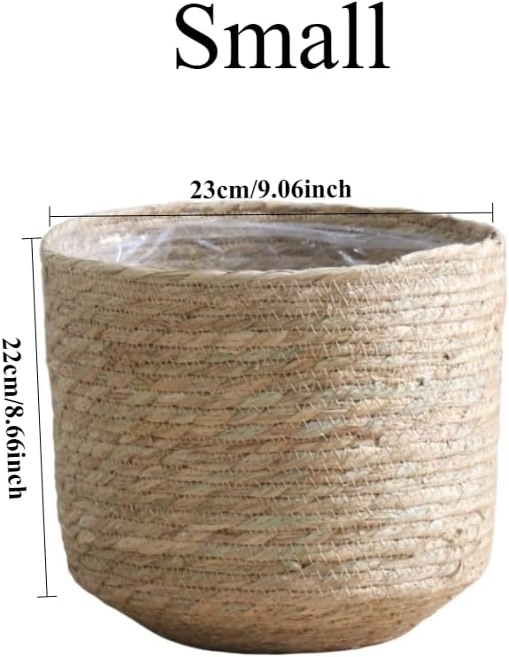 9 inch Seagrass Woven Planter Basket - Wicker Planter Basket with Plastic Film Insert for Indoor Plants, Large Monstera Pot, Woven Storage Basket, Boho Home Decor (Small)