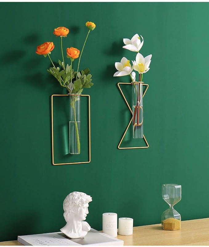 3 Pack Nordic Wall Vase,Gold Geometric Vase Hanging Hydroponic Planter,Wall-Mounted Metal Glass Tube Bud Vase Decorative for Centerpieces Wedding Home Decor(Gold 6)