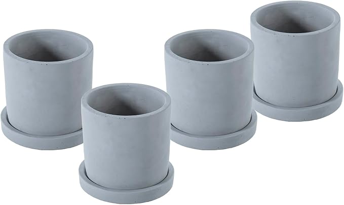 MyGift 4 Inch Unglazed Gray Concrete Planter, Cylindrical Cactus Herb Succulent Planter Pots with Removable Drainage Trays, Set of 4