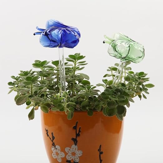 Glass Butterfly Plant Watering Stakes, 2-Pack, Pink and Amber, Decorative Self-Watering Globes for Indoor Plants