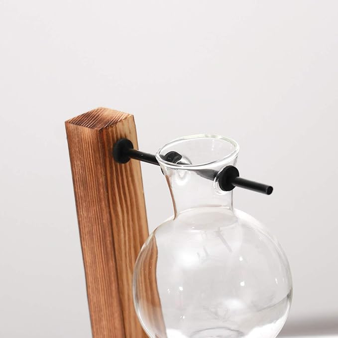 Kingbuy Glass Planter Bulb Vase Desktop Plant Terrarium with Retro Solid Wooden Stand for Propagation Hydroponics Water Plants Home Garden Office Decor