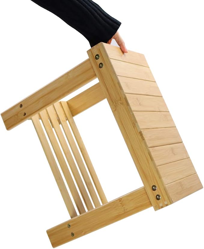 KKTONER Bamboo Step Stool with Storage Shower Bench with Shelf Foot Stool for Bathroom Living Room Bedroom Natural Color