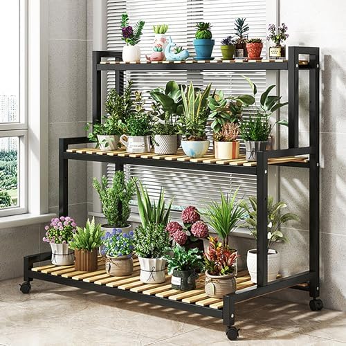 4-Tier Metal Flower Stand with Bamboo Shelves - Decorative Indoor Plant Holder Ladder for Succulents, Home Décor, Garden Display, Stylish Wooden Plant Stand