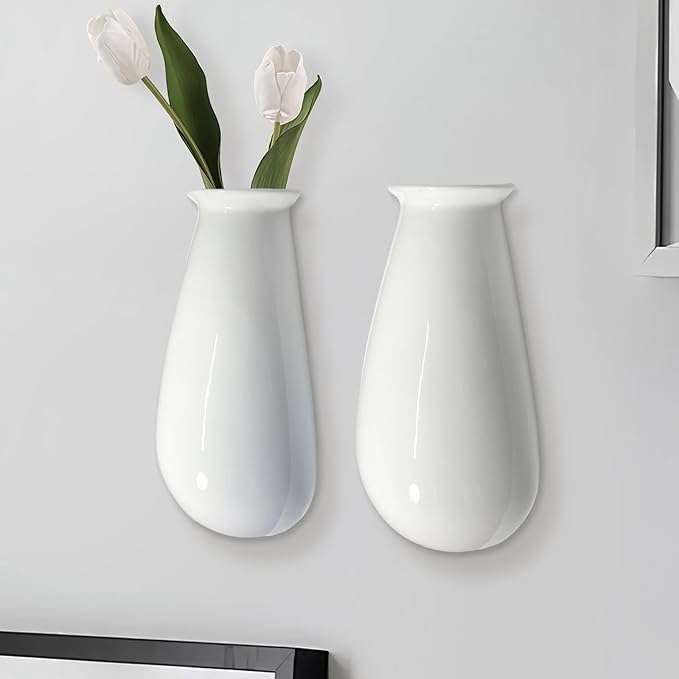 Hanging Ceramic Planters for Indoor Plants, Set of 2 Wall Mounted Planters, White Ceramic Pots for Indoors, Wall Hanging Planter for Living Room, Bedroom, Garden, Home Décor, Plant Hanger for Balcony