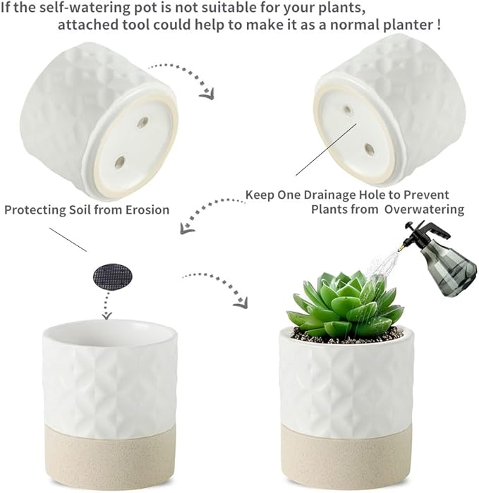 Nihow Self Watering Plant Pot: 4.5 Inch Ceramic Planter with Drainage Hole & Water Storage Plus for Indoor & Outdoor Plants - Cylinder Flower Pot for Herbs/Violets - Matte White & Brown Star