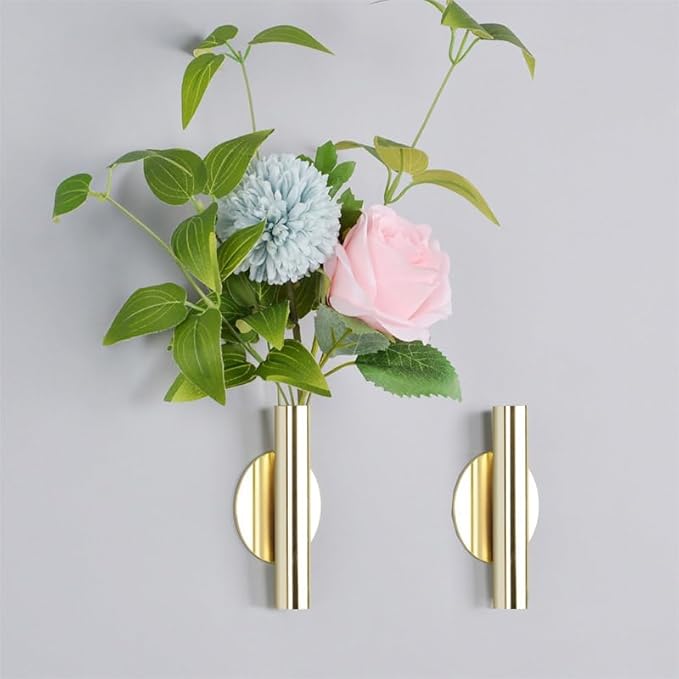 AIM & GGKK Wall Planters,4 Pcs Wall Mounted Metal Hanging Plant Holder for Indoor Small Gold Boho Flower Vase Tube for Modern Home Decor Display Art Bedroom Bathroom Living Room