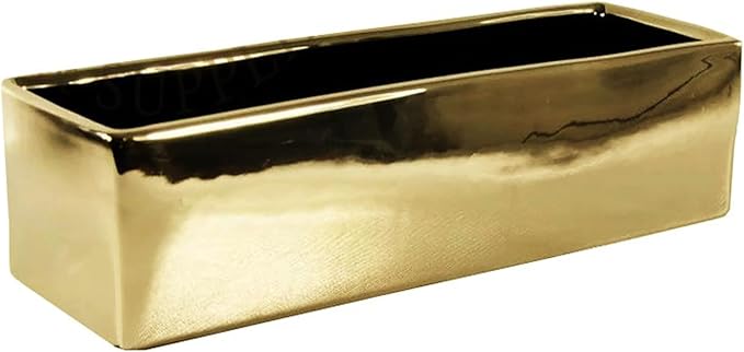 WGVI Long Rectangle Ceramic Planter Vase in Gold 12" x 4" x 4"H, Block Rectangular Terrarium Box Pot, Flower Arrangement, Table top Centerpiece, Home Decor Organization Storage Container, 1 Pc.