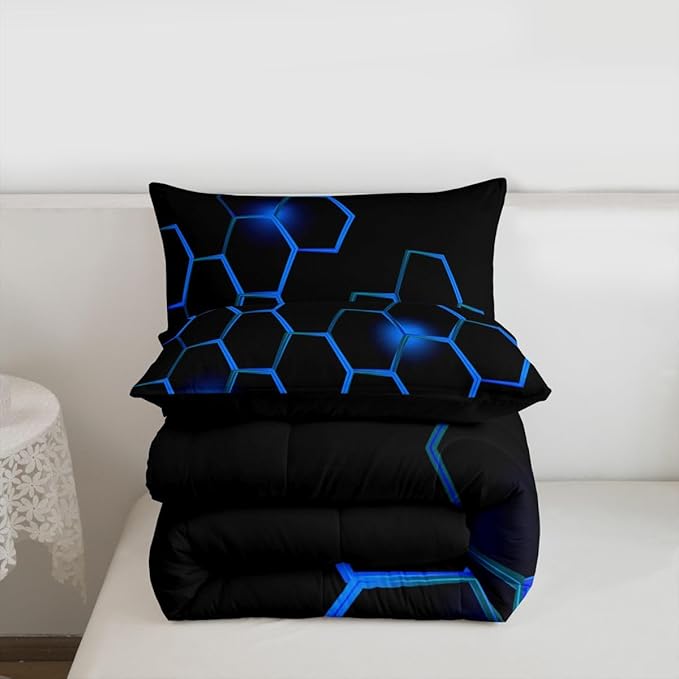 Feelyou Honeycomb Kids Comforter Set ModernHexagon Bedding Set for Boys Children Teens Bedroom Decor Geometrical Comforter Beehive Geometric Black Blue Duvet Set Full Size with 3 Pillow Case