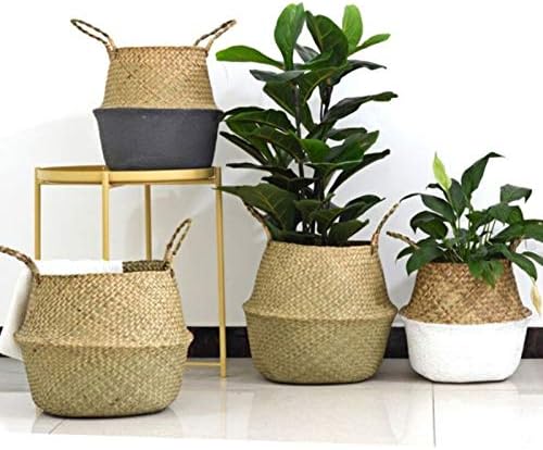 1pc Handmade Bamboo Storage Baskets Nordic Foldable Laundry Straw Wicker Rattan Seagrass Belly Garden Flower Pot Planter Basket