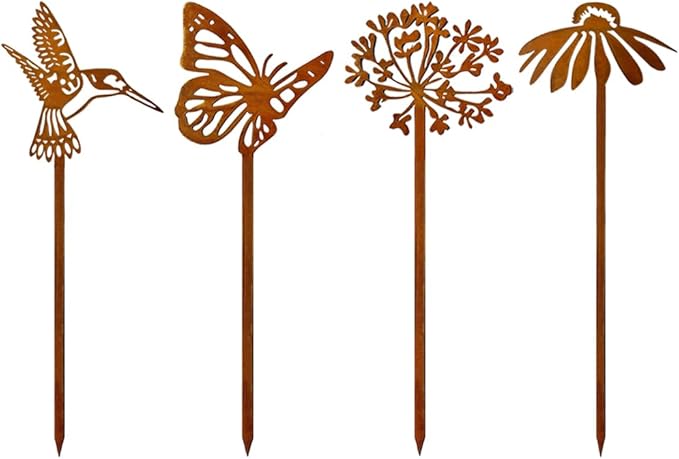 4Pcs Decorative Garden Stakes Plant Stakes Rusty Metal Flowers Hummingbird and Butterfly Garden Decor for Indoor Outdoor Patio Lawn Yard Art 14.18"