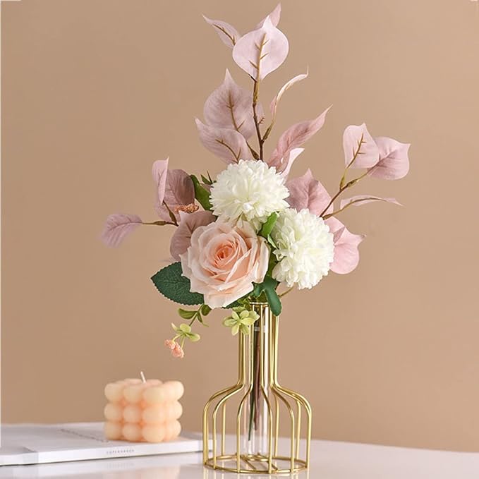 Table Flower Vase,Gold Geometric Metal Frame Clear Glass Tube Bud Vase Hydroponic Plants,Gold Vase Decorative for Flower,Weddings,Centerpiece,Party,Home(gold 7)