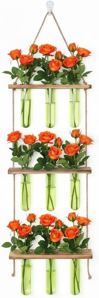 XXXFLOWER Wall Hanging Propagation Station with Wooden Stand 9 Test Tubes Vases Tiers Planters Wall Terrarium for Home Office Plant Hanger Flower Vases Wall Decor Hydroponic Cuttings(Green)